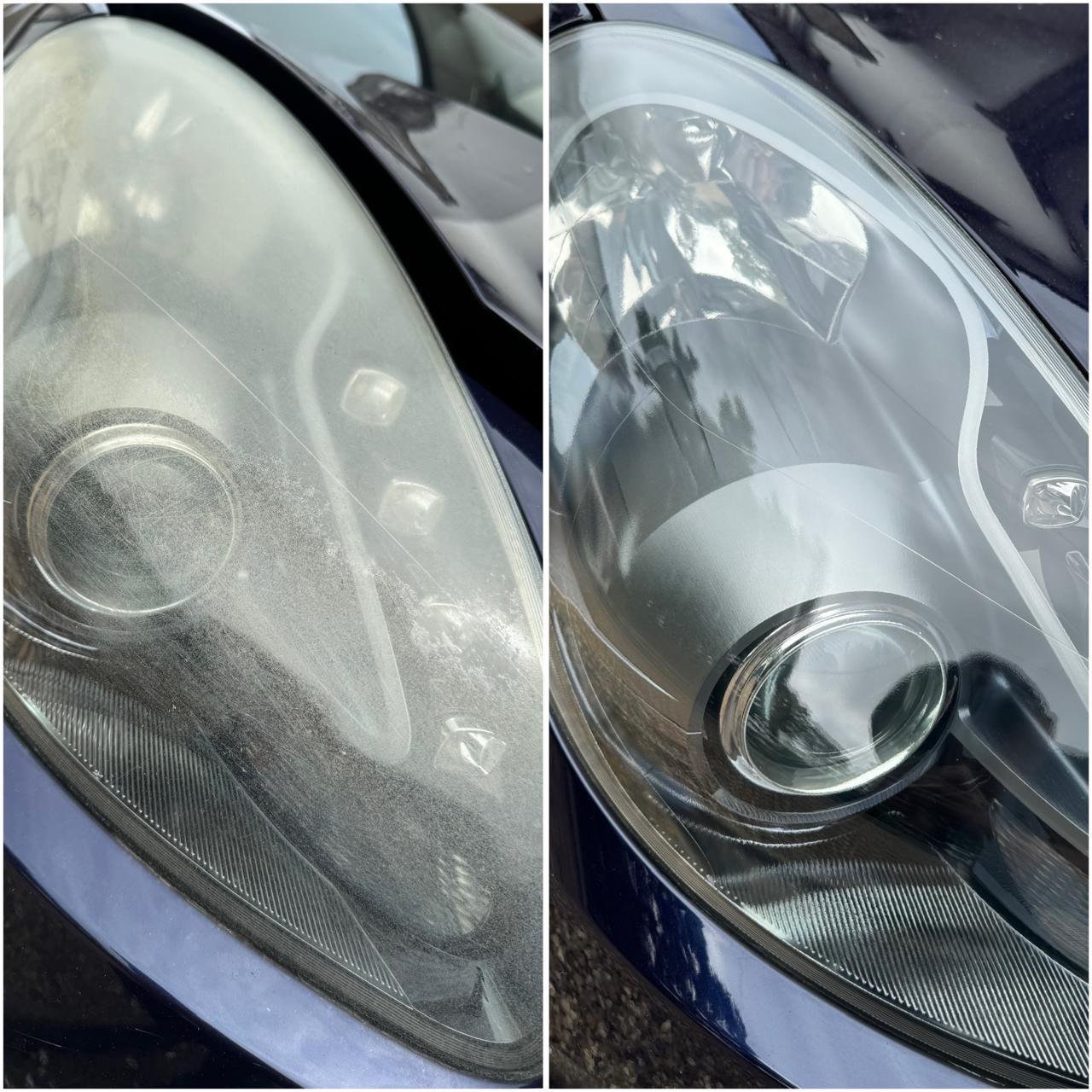 Before and after headlight restoration on the same vehicle